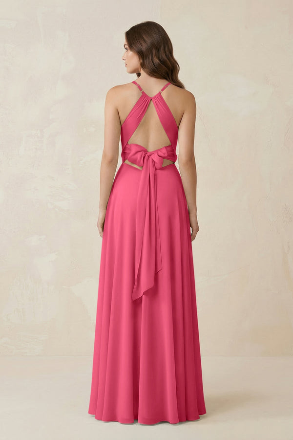 Halter A - Line Chiffon Bridesmaid Dress With Slit in Fuchsia - KISS BRIDAL Bridesmaid Dresses