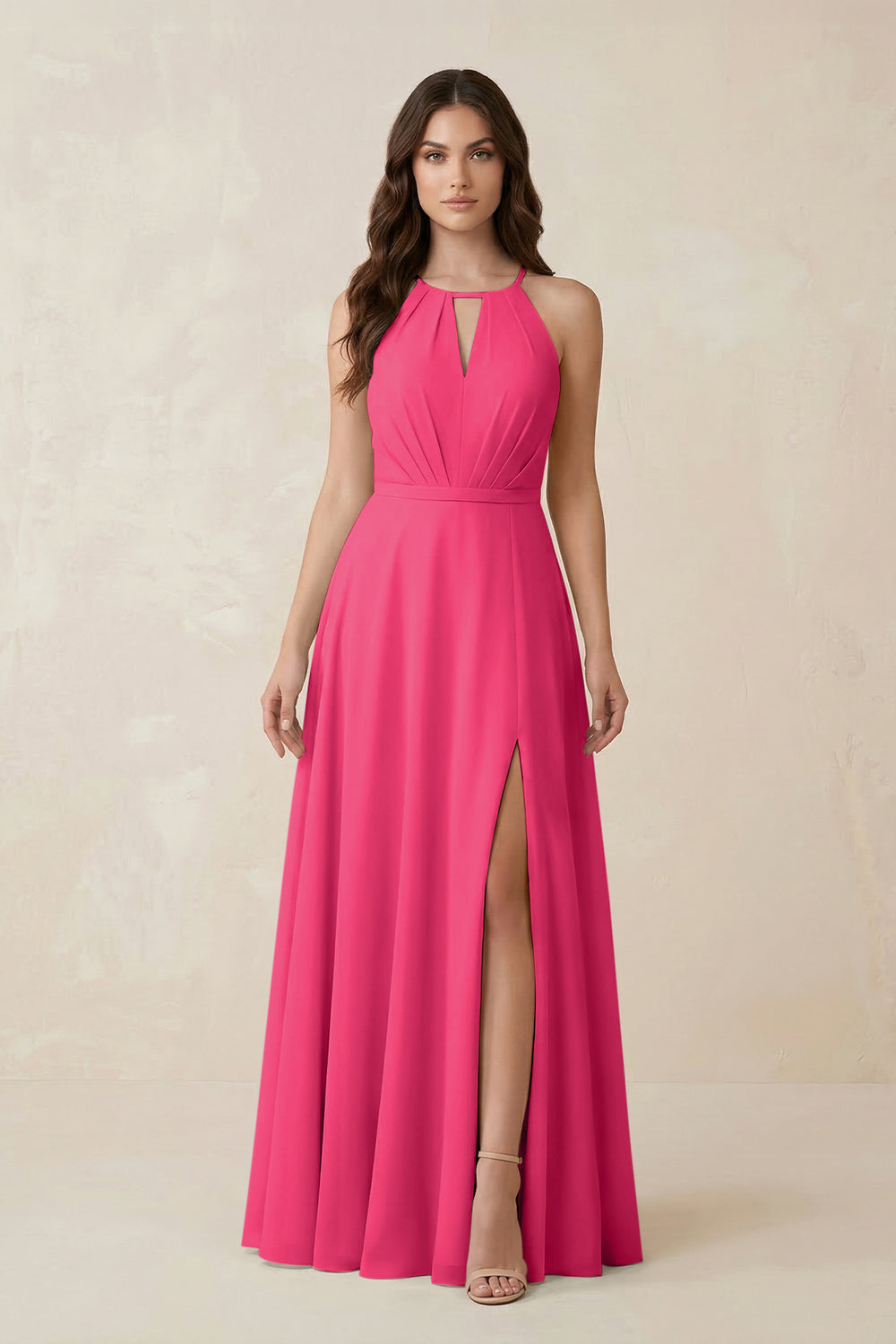 Halter A-Line Chiffon Bridesmaid Dress With Slit in Fuchsia