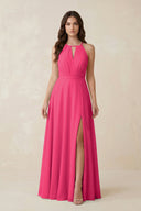 Halter A-Line Chiffon Bridesmaid Dress With Slit in Fuchsia | KISSBRIDAL