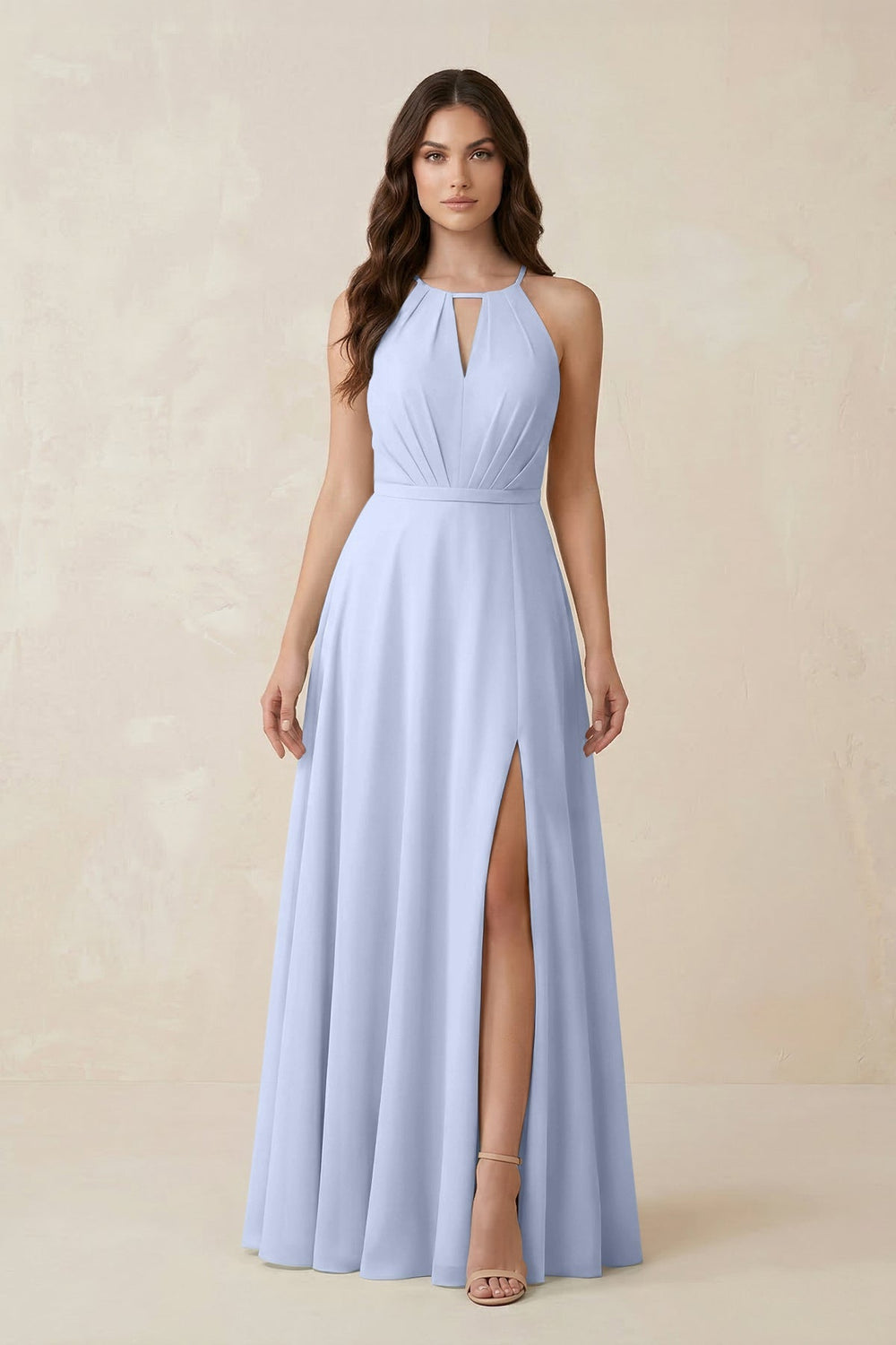 Halter A - Line Chiffon Bridesmaid Dress With Slit in Ice - KISS BRIDAL Bridesmaid Dresses