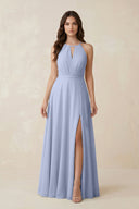 Halter A-Line Chiffon Bridesmaid Dress With Slit in Ice | KISSBRIDAL