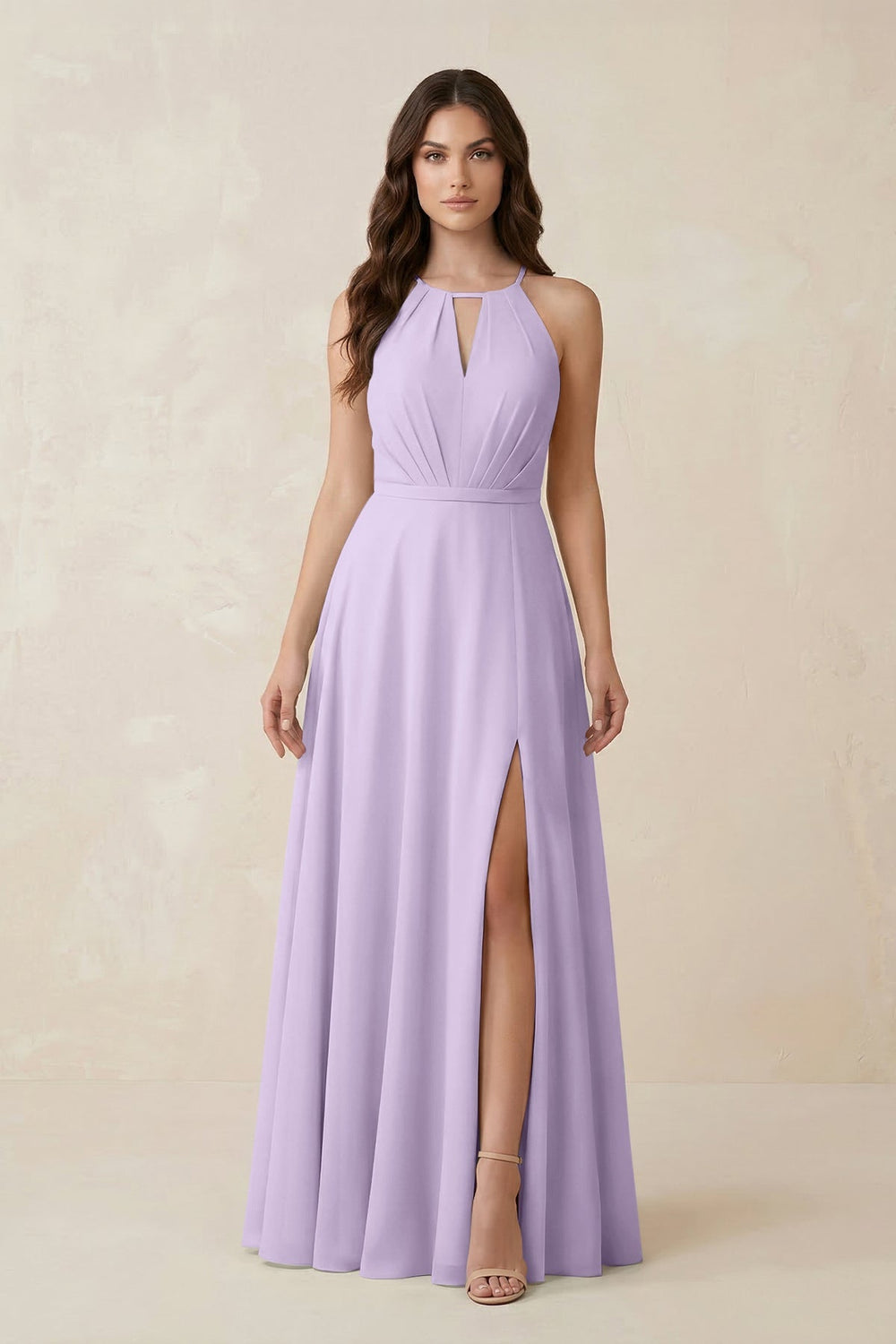 Halter A - Line Chiffon Bridesmaid Dress With Slit in Lavender - KISS BRIDAL Bridesmaid Dresses
