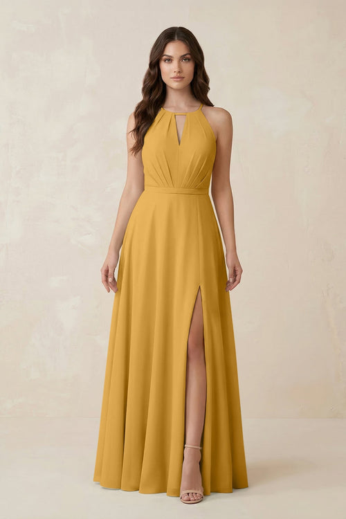 Halter A - Line Chiffon Bridesmaid Dress With Slit in Marigold - KISS BRIDAL Bridesmaid Dresses