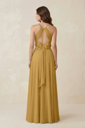 Halter A-Line Chiffon Bridesmaid Dress With Slit in Marigold (2) | KISSBRIDAL