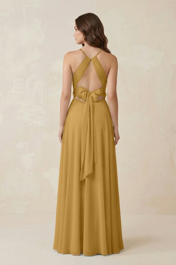 Halter A-Line Chiffon Bridesmaid Dress With Slit in Marigold (2) | KISSBRIDAL