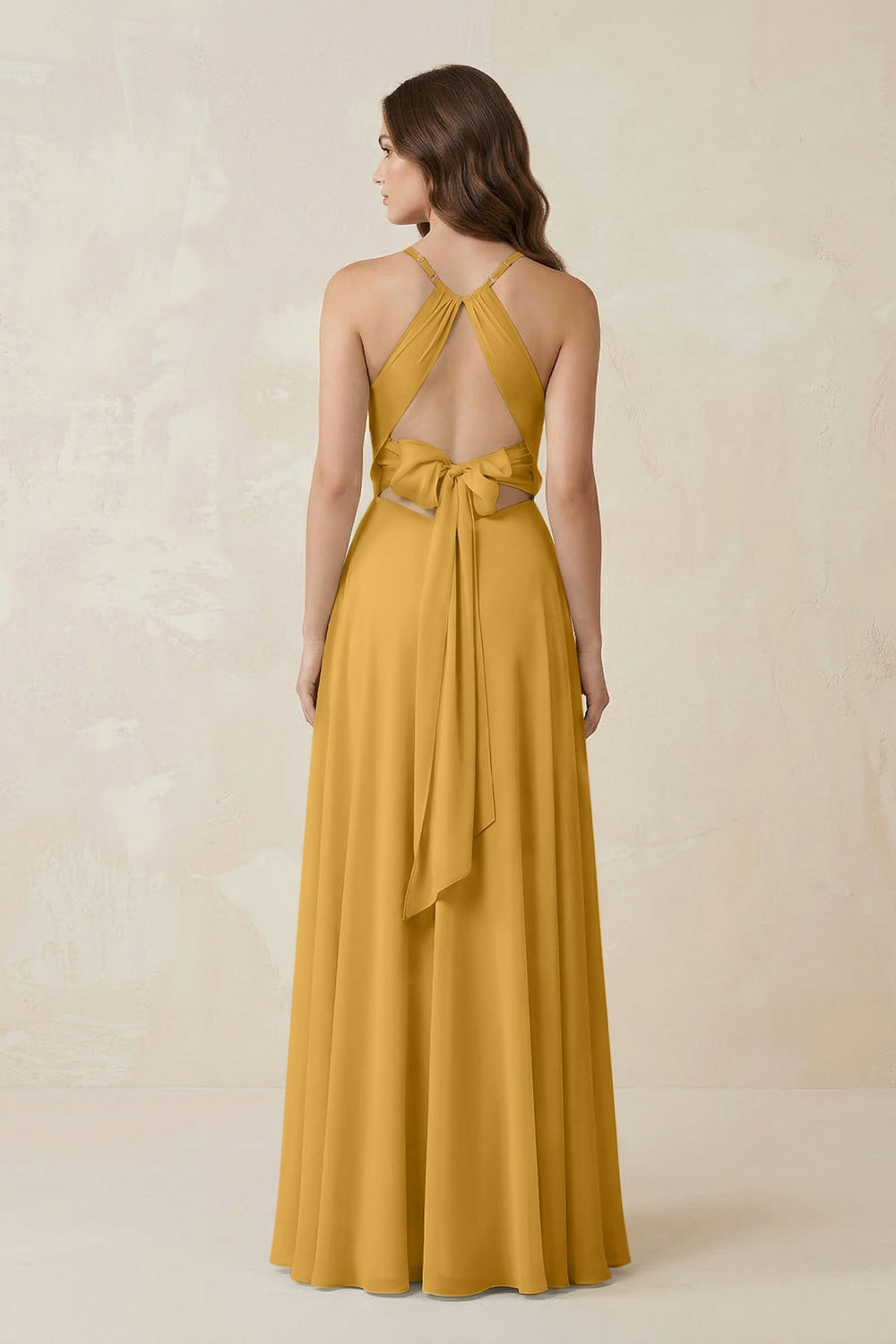 Halter A - Line Chiffon Bridesmaid Dress With Slit in Marigold - KISS BRIDAL Bridesmaid Dresses