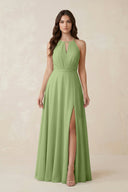 Halter A - Line Chiffon Bridesmaid Dress With Slit in Matcha - KISS BRIDAL Bridesmaid Dresses