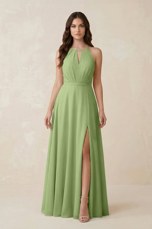 Halter A - Line Chiffon Bridesmaid Dress With Slit in Matcha - KISS BRIDAL Bridesmaid Dresses