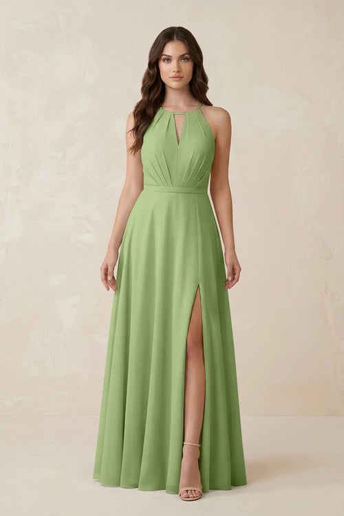 Halter A - Line Chiffon Bridesmaid Dress With Slit in Matcha - KISS BRIDAL Bridesmaid Dresses