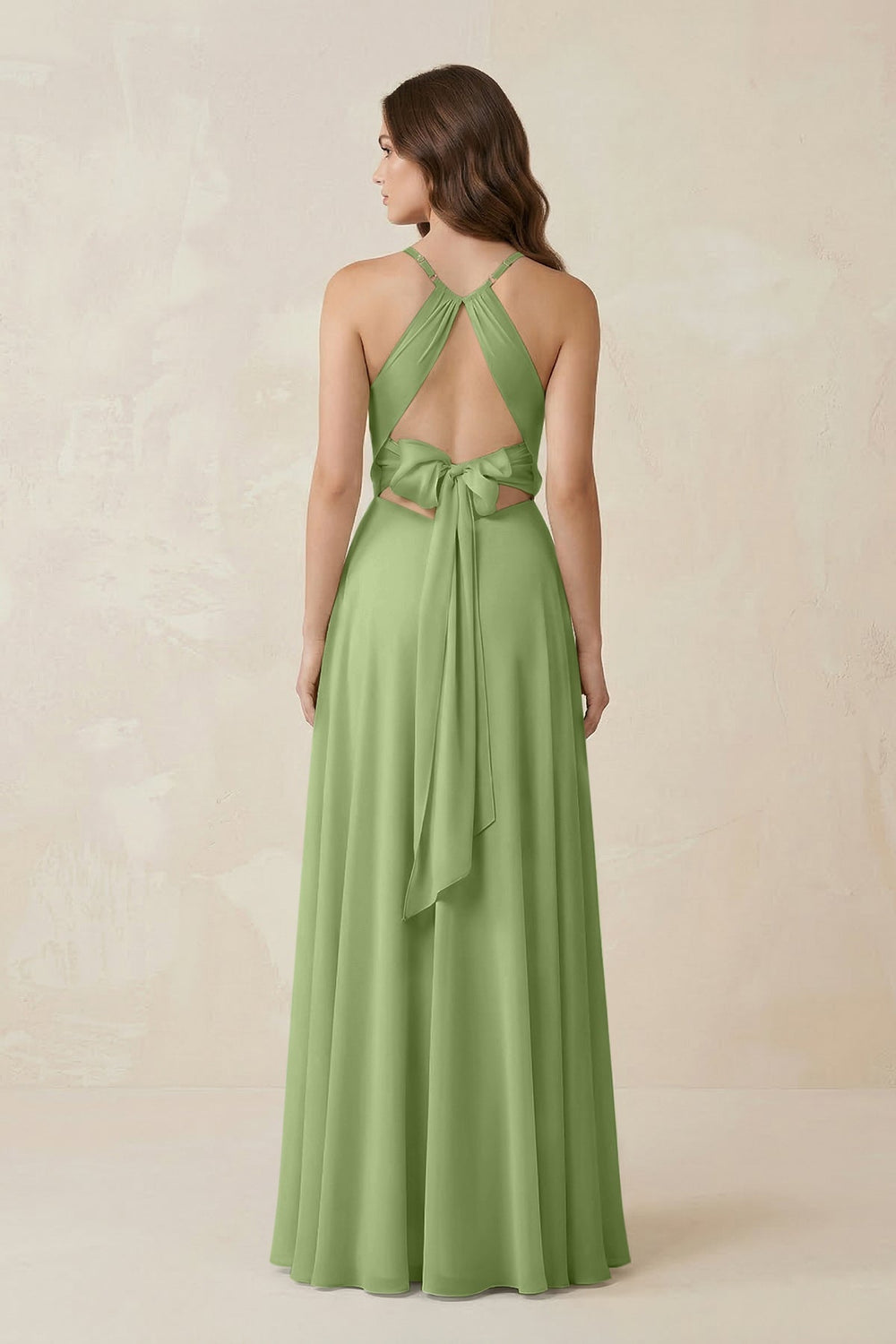 Halter A - Line Chiffon Bridesmaid Dress With Slit in Matcha - KISS BRIDAL Bridesmaid Dresses