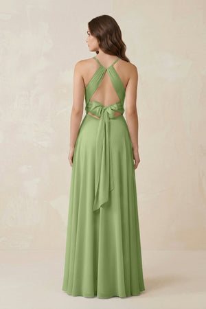 Halter A - Line Chiffon Bridesmaid Dress With Slit in Matcha - KISS BRIDAL Bridesmaid Dresses