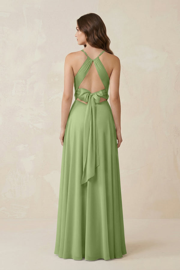 Halter A - Line Chiffon Bridesmaid Dress With Slit in Matcha - KISS BRIDAL Bridesmaid Dresses