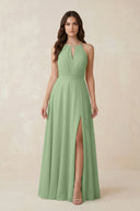 Halter A-Line Chiffon Bridesmaid Dress With Slit in Matcha | KISSBRIDAL