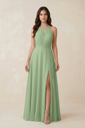 Halter A-Line Chiffon Bridesmaid Dress With Slit in Matcha | KISSBRIDAL