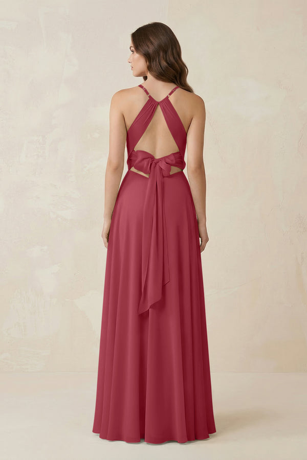 Halter A-Line Chiffon Bridesmaid Dress With Slit in Merlot (2) | KISSBRIDAL