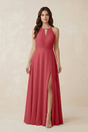 Halter A - Line Chiffon Bridesmaid Dress With Slit in Merlot - KISS BRIDAL Bridesmaid Dresses