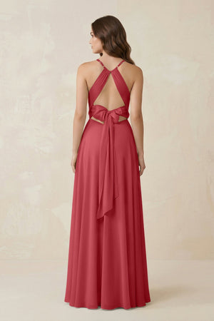 Halter A - Line Chiffon Bridesmaid Dress With Slit in Merlot - KISS BRIDAL Bridesmaid Dresses