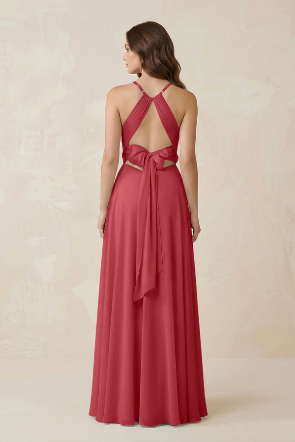 Halter A - Line Chiffon Bridesmaid Dress With Slit in Merlot - KISS BRIDAL Bridesmaid Dresses