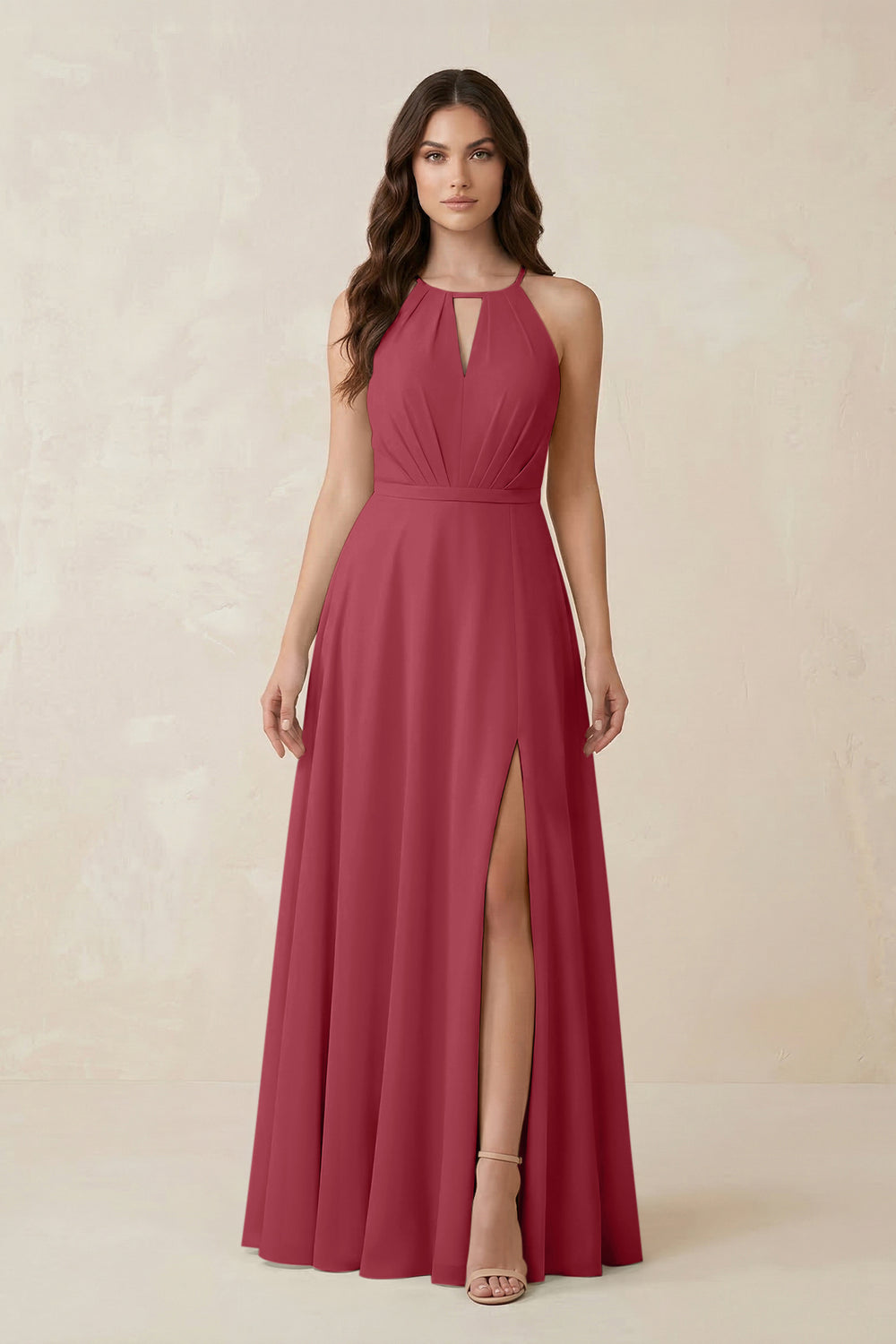 Halter A-Line Chiffon Bridesmaid Dress With Slit in Merlot