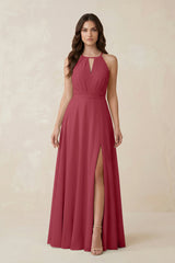 Halter A-Line Chiffon Bridesmaid Dress With Slit in Merlot | KISSBRIDAL