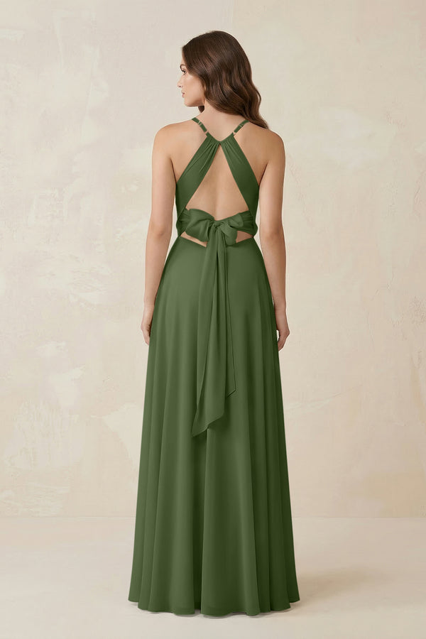 Halter A-Line Chiffon Bridesmaid Dress With Slit in Moss (2) | KISSBRIDAL