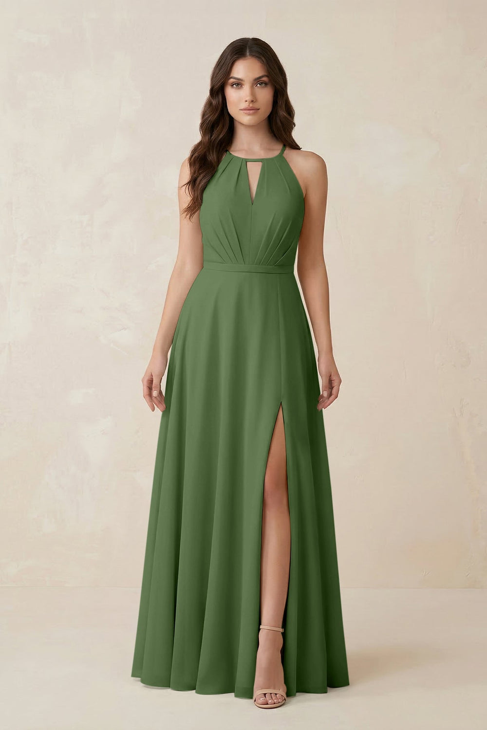 Halter A - Line Chiffon Bridesmaid Dress With Slit in Moss - KISS BRIDAL Bridesmaid Dresses
