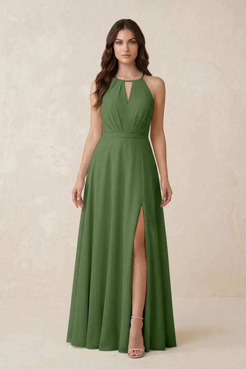 Halter A - Line Chiffon Bridesmaid Dress With Slit in Moss - KISS BRIDAL Bridesmaid Dresses