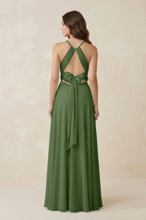 Halter A - Line Chiffon Bridesmaid Dress With Slit in Moss - KISS BRIDAL Bridesmaid Dresses