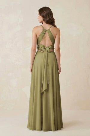Halter A-Line Chiffon Bridesmaid Dress With Slit in Moss Green (2) | KISSBRIDAL