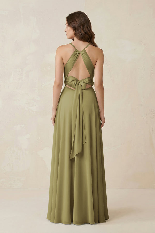 Halter A-Line Chiffon Bridesmaid Dress With Slit in Moss Green (2) | KISSBRIDAL