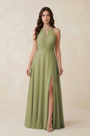 Halter A - Line Chiffon Bridesmaid Dress With Slit in Moss Green - KISS BRIDAL Bridesmaid Dresses