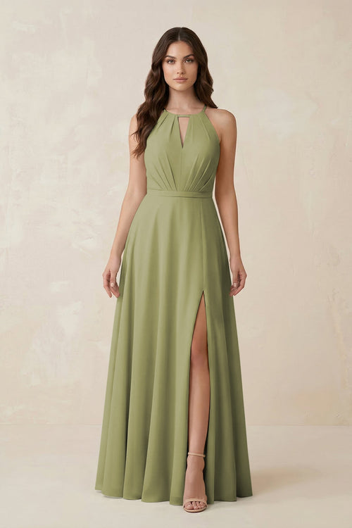 Halter A - Line Chiffon Bridesmaid Dress With Slit in Moss Green - KISS BRIDAL Bridesmaid Dresses
