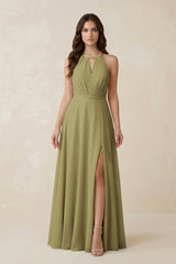 Halter A-Line Chiffon Bridesmaid Dress With Slit in Moss Green | KISSBRIDAL