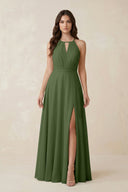 Halter A-Line Chiffon Bridesmaid Dress With Slit in Moss | KISSBRIDAL