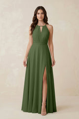 Halter A-Line Chiffon Bridesmaid Dress With Slit in Moss | KISSBRIDAL