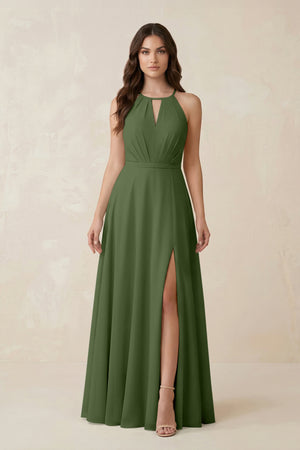 Halter A-Line Chiffon Bridesmaid Dress With Slit in Moss | KISSBRIDAL