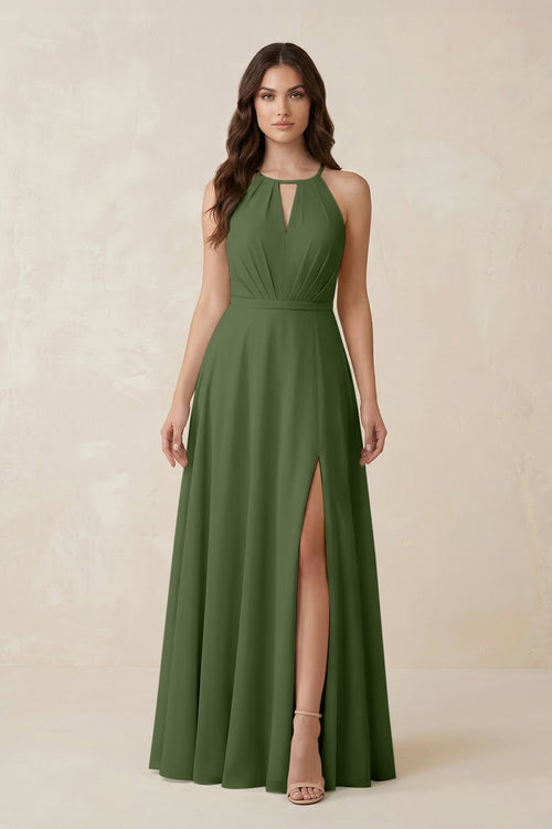 Halter A-Line Chiffon Bridesmaid Dress With Slit in Moss | KISSBRIDAL