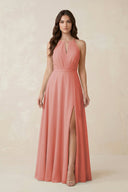 Halter A - Line Chiffon Bridesmaid Dress With Slit in Mulberry - KISS BRIDAL Bridesmaid Dresses