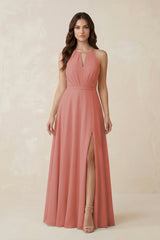 Halter A-Line Chiffon Bridesmaid Dress With Slit in Mulberry | KISSBRIDAL