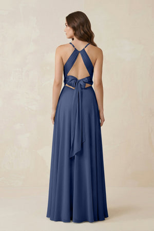 Halter A - Line Chiffon Bridesmaid Dress With Slit in Navy - KISS BRIDAL Bridesmaid Dresses