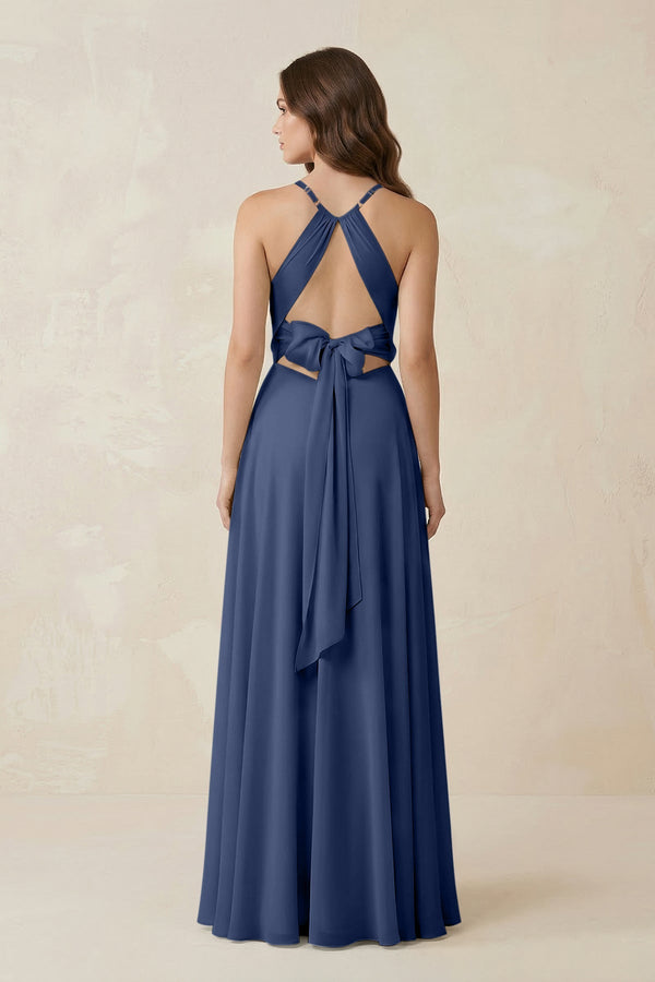 Halter A - Line Chiffon Bridesmaid Dress With Slit in Navy - KISS BRIDAL Bridesmaid Dresses