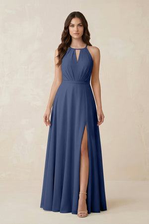 Halter A - Line Chiffon Bridesmaid Dress With Slit in Navy - KISS BRIDAL Bridesmaid Dresses
