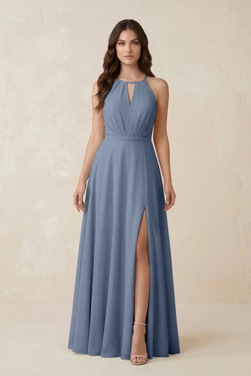 Halter A - Line Chiffon Bridesmaid Dress With Slit in Neptune - KISS BRIDAL Bridesmaid Dresses
