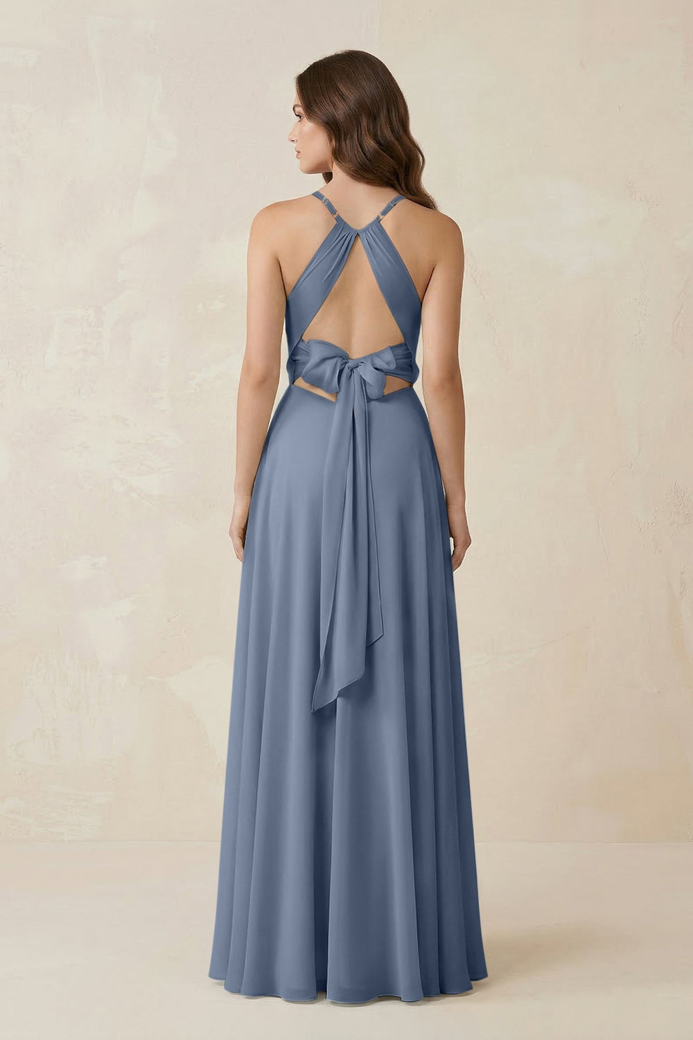 Halter A - Line Chiffon Bridesmaid Dress With Slit in Neptune - KISS BRIDAL Bridesmaid Dresses