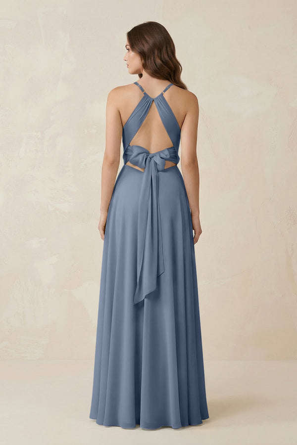 Halter A - Line Chiffon Bridesmaid Dress With Slit in Neptune - KISS BRIDAL Bridesmaid Dresses