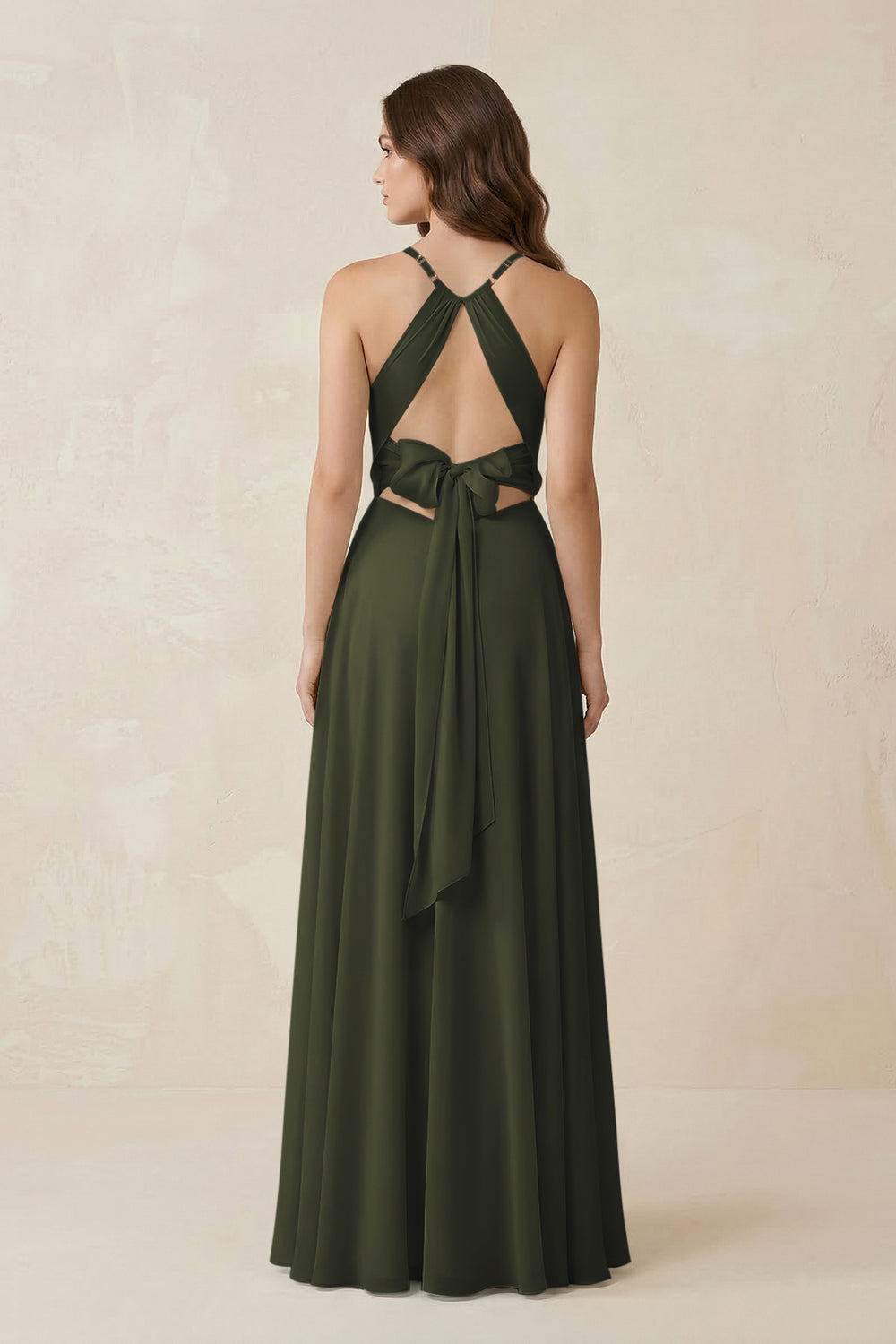 Halter A-Line Chiffon Bridesmaid Dress With Slit in Olive