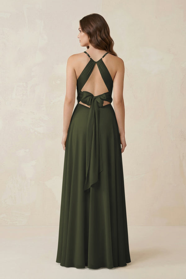Halter A-Line Chiffon Bridesmaid Dress With Slit in Olive (2) | KISSBRIDAL