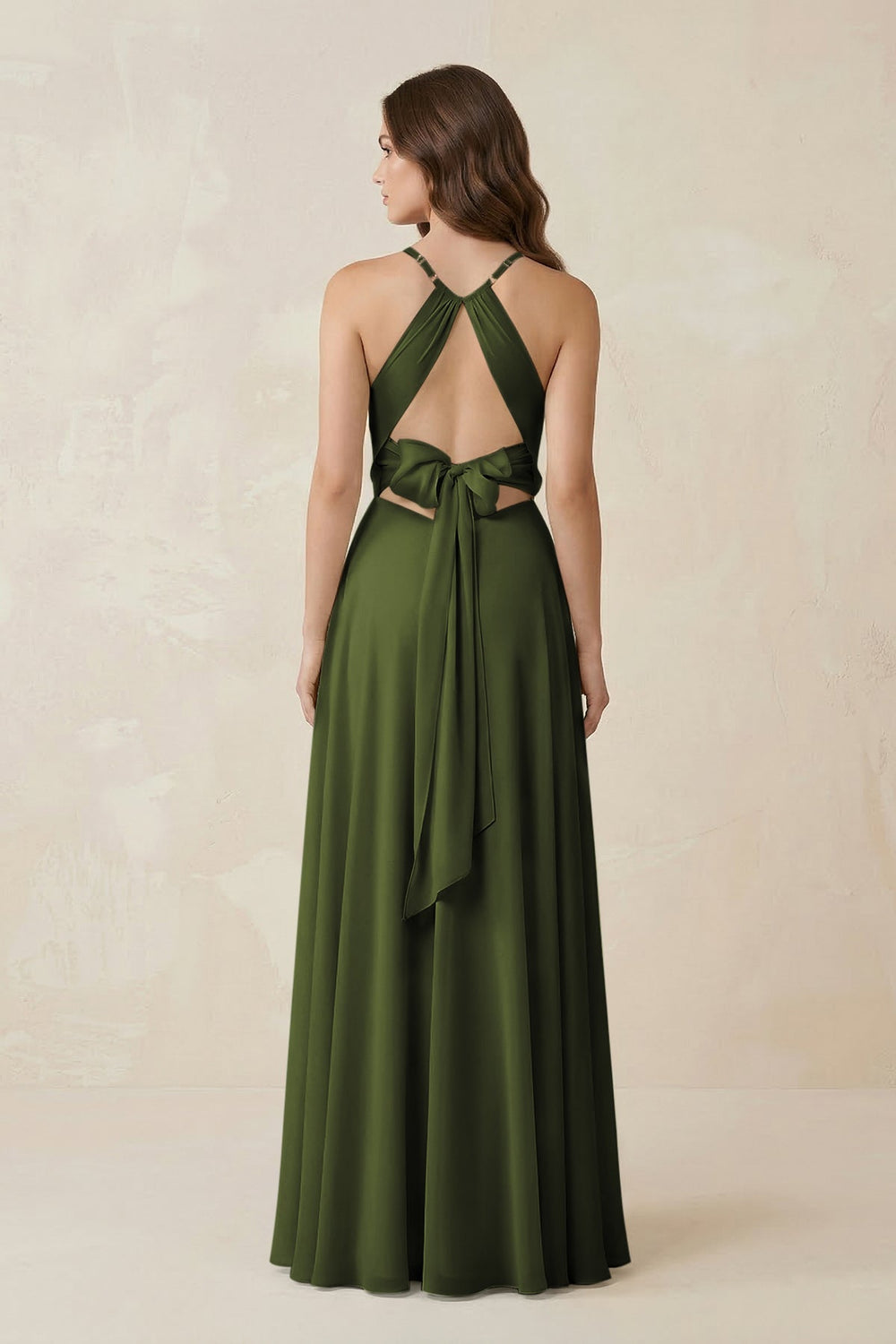 Halter A - Line Chiffon Bridesmaid Dress With Slit in Olive - KISS BRIDAL Bridesmaid Dresses