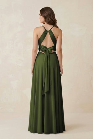 Halter A - Line Chiffon Bridesmaid Dress With Slit in Olive - KISS BRIDAL Bridesmaid Dresses