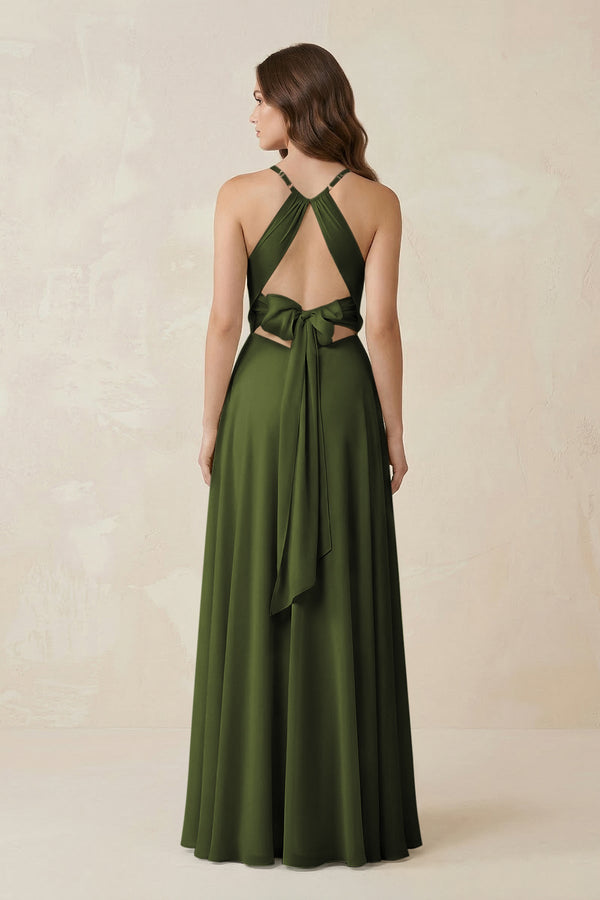 Halter A - Line Chiffon Bridesmaid Dress With Slit in Olive - KISS BRIDAL Bridesmaid Dresses